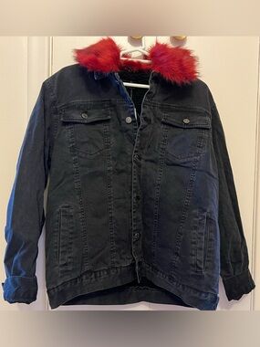 Black Denim Jacket with Removable Red Faux Fur Collar